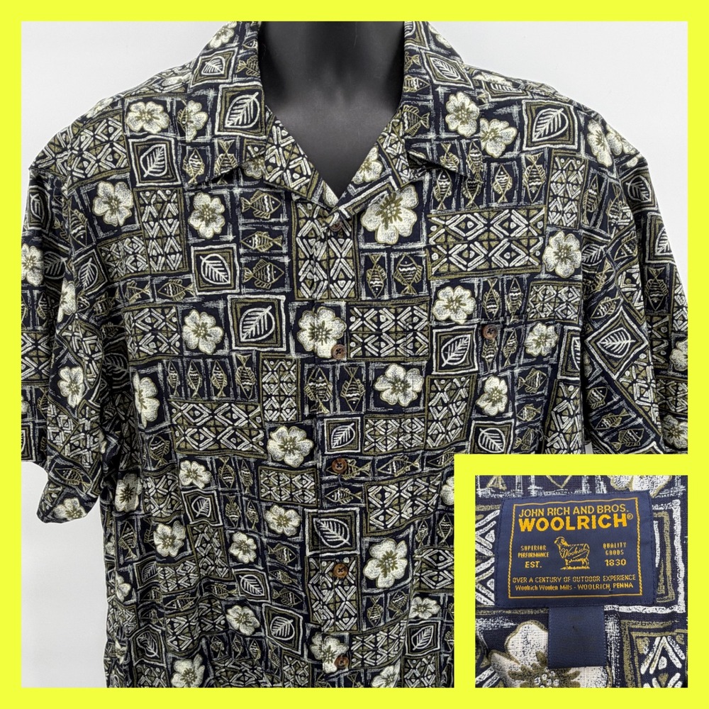 Woolrich John Rich Bros Hawaiian Shirt Mens XL Navy Olive Cream Floral Fish